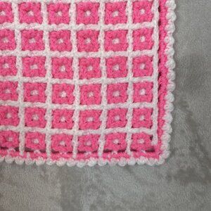 Crochet Pink & White Baby Blanket With Grid Design Handmade Soft Acrylic 32x27.5